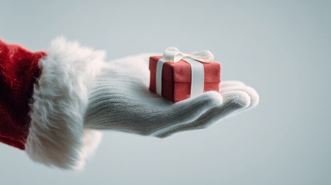 Santa Claus hand holding a small red gift box with a white ribbon - Powered by Adobe