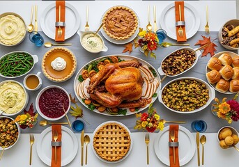 Abundant thanksgiving feast laid out on a table with roasted turkey pies and side dishes