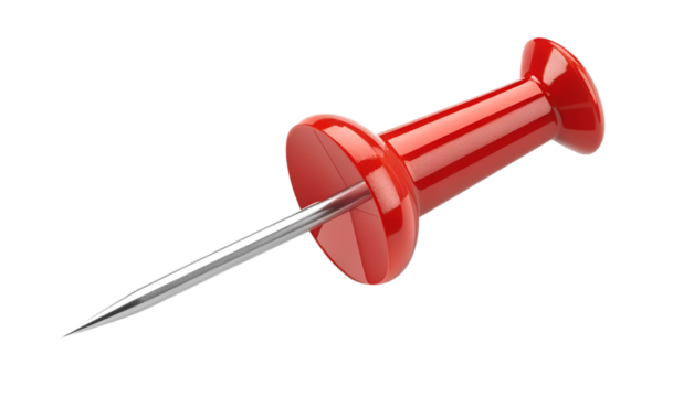 Single push pin, red glossy plastic head, clean metal needle, isolated on transparent background - Powered by Adobe