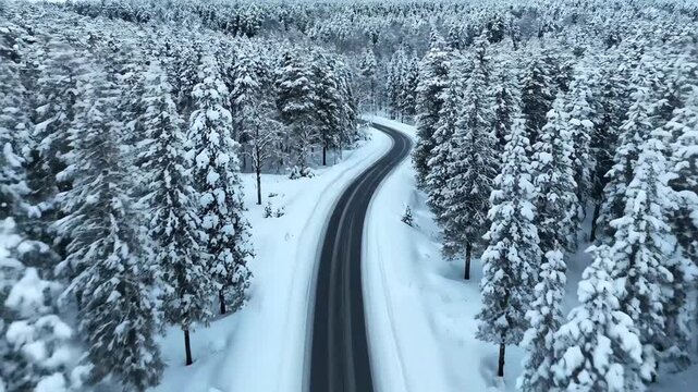 Gorgeous aerial perspective as we soar above a shadowy, serpentine path cutting through a thick, snowy woodland of pine and fir trees during the winter season