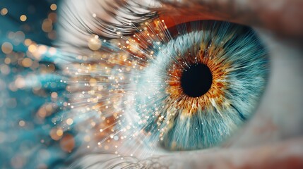 Artistic close up of a colorful eye with glowing spark effects and dynamic light bursts creating a surreal vibrant visual impression, Generative AI
