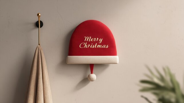 Festive Christmas hat decoration hanging on a wall with a towel and hook