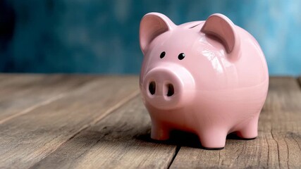 Piggy bank stands on wooden table with soft blue background, symbolizing savings and financial planning for children and adults alike - Powered by Adobe