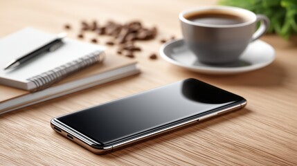 Smartphone on a wooden desk next to a warm coffee cup and notebook creating a bright relaxed modern morning workspace setting, Generative AI