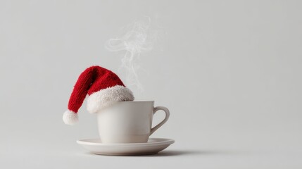 Festive coffee cup with Santa hat, holiday season concept on white background