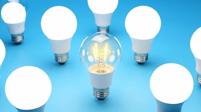 Among a sea of modern LED bulbs, a vintage filament light bulb radiates with a unique glow, symbolizing creativity and an exceptional idea
