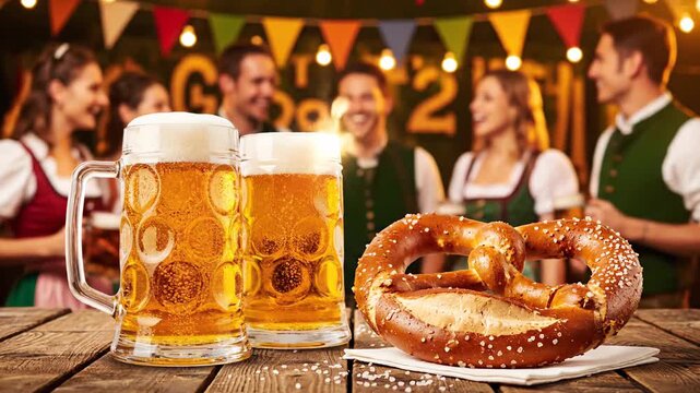 Two frothy German beers and a salted pretzel on a weathered wooden table as friends in Bavarian dirndls and lederhosen toast and celebrate Oktoberfest together