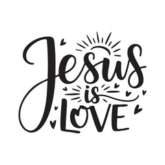 Jesus is Love handwritten calligraphy with hearts and sunburst faith Christian