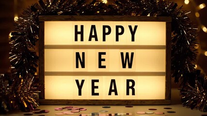 Cheerful New Year greeting displayed on a lightbox adorned with shiny golden tinsel and colorful confetti. Decorations illuminated by cozy warm lights to create a festive holiday atmosphere