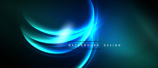 Abstract blue light curves radiate from central point. Dark background creates dramatic visual effect. Modern design element.