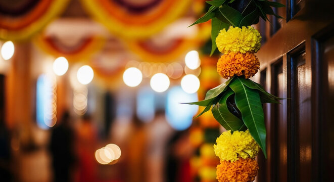 Sacred marigold and mango leaf toran adorning a doorway for a traditional Indian event