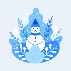 Charming snowman character surrounded by abstract winter foliage and snowflakes