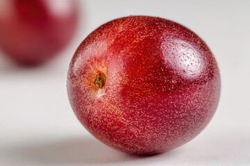 Fresh ripe red fruit with shiny skin and moisture droplets, featuring soft-focus background of similar fruits on a light neutral surface, perfect for culinary and health-themed projects