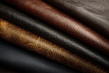 Elegant layers of unique leather textures showcasing smooth surfaces and rich tones, including light brown, dark brown, and black, perfect for fashion and interior design projects