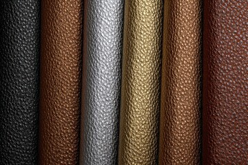 Colorful rolls of textured leather in various shades for interior design and furniture projects