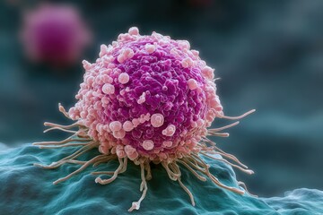 Cellular beauty: vibrant microscopy showcasing textured purple and pink cell structure against a blurred backdrop, ideal for scientific studies and educational resources in cell biology