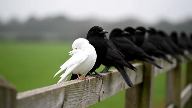 Distinctive white dove stands out among a group of black crows perched on a rustic wooden fence. This scene symbolizes individuality, diversity, and standing out from the crowd