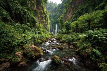 Serene tropical waterfall cascading through lush greenery with tranquil river and smooth stones, creating a peaceful and secluded natural setting illuminated by soft sunlight