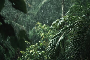 Tropical rainforest scene drenched in heavy rain, featuring lush green palm leaves adorned with glistening droplets, with a blurred background enhancing the vibrant landscape's beauty