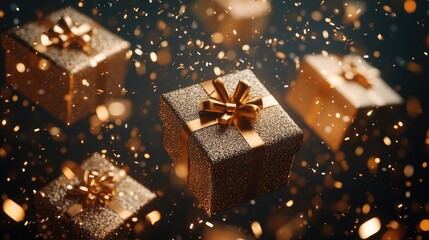 Festive gold glittering presents and confetti for an elegant celebration