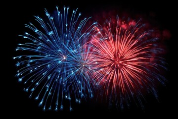 Vibrant fireworks illuminate dark night sky with contrasting colors, creating festive atmosphere and dynamic visual appeal for celebrations and events