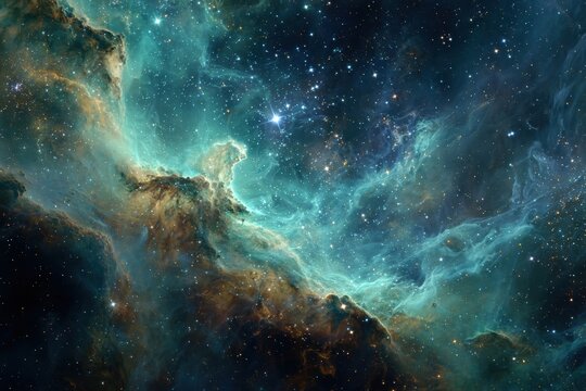 Captivating cosmic landscape with vibrant galactic clouds and twinkling stars in soothing shades of green, blue, and brown, evoking a sense of wonder and the vastness of the universe