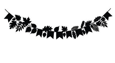 A black and white garland featuring leaf shaped flags hangs elegantly