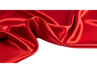 Luxurious red satin fabric with elegant folds, isolated on transparent background, creating a rich texture