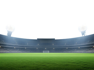 Vibrant sports stadium with green field and bright floodlights, creating an exciting atmosphere isolated on transparent background
