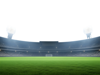 Vibrant sports stadium with green field and bright floodlights, creating an exciting atmosphere isolated on transparent background