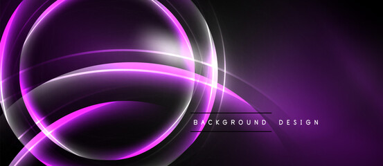 Abstract purple neon lines create dynamic circular shapes. Dark background enhances glowing effect, modern design element.
