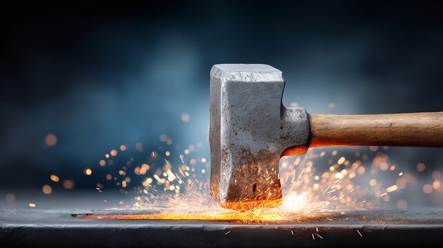 Heavy hammer striking heated metal creating bright flying sparks in a dramatic blacksmith forging moment full of energy and craftsmanship, Generative AI