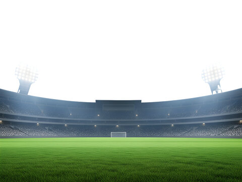 Vibrant sports stadium with green field and bright floodlights, creating an exciting atmosphere isolated on transparent background - Powered by Adobe