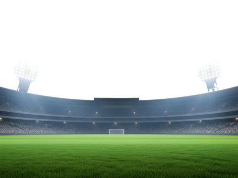 Vibrant sports stadium with green field and bright floodlights, creating an exciting atmosphere isolated on transparent background