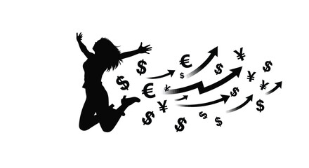 Silhouette of a joyful woman surrounded by financial growth and currency symbols