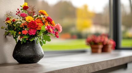 Blooming beauty still life: Vibrant flowers in black vase against soft backdrop