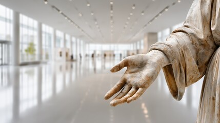 Classical marble statue with extended hand positioned in a bright museum hall showcasing historical artistry elegance and timeless sculptural craftsmanship, Generative AI