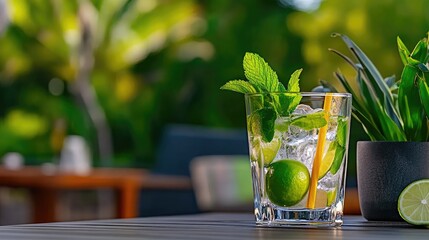 Refreshing mojito on a wooden table with lush green background scenery
