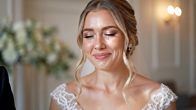 Lovely bride beaming with happiness and shedding tears of joy as she exchanges vows at her wedding. Emotionally touching portrait capturing the young woman's heartfelt moment