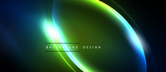 Abstract neon lines create dynamic gradient effect. Dark background emphasizes bright curves, modern design element.