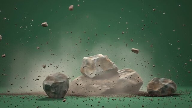 Ultra-Realistic High-Fidelity VFX Footage Showing the Dynamic Collapse of Multiple Rocks Falling Rapidly Against a Solid, Evenly-Lighted Green Screen Background.
