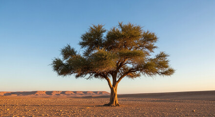 argan tree standing alone in Moroccan desert landscape, warm sunset light, clear blue sky, natural realism