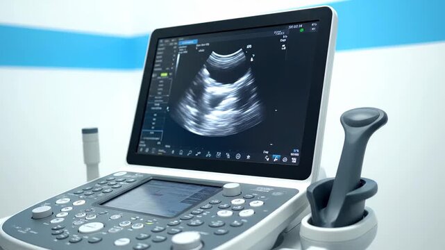 State of the art ultrasound technology conducting a sonogram within a hospital setting, displaying a detailed examination of internal organs on its monitor for medical diagnosis