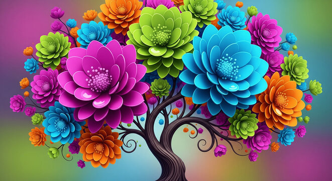 Colorful 3D Blossoming Floral Tree Wall Art, 3D Relief Mural, 3D Wallpapers, 3d Floral art, 3D Wall Mural, 3D Floral Background.
