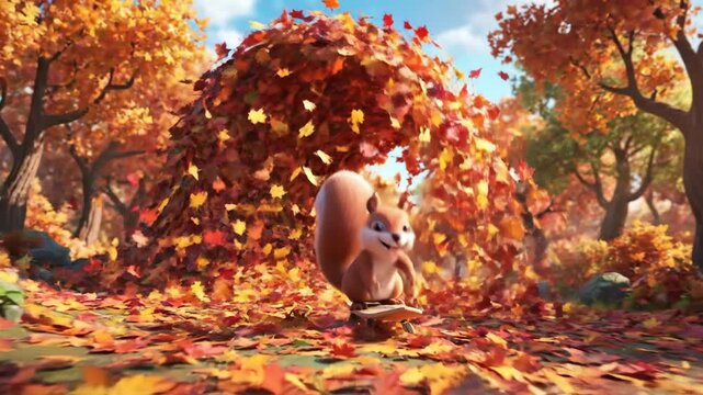 Animated squirrel amidst autumnal foliage outdoors forest scene