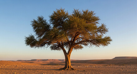 argan tree standing alone in Moroccan desert landscape, warm sunset light, clear blue sky, natural realism