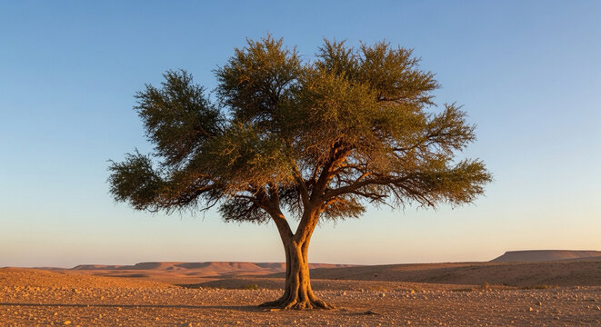 argan tree standing alone in Moroccan desert landscape, warm sunset light, clear blue sky, natural realism