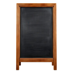 A simple wooden easel sign with a blank black chalkboard surface ready for messages
