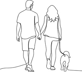 Continuous line drawing of couple with dog