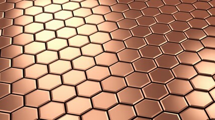 A copper-colored surface constructed with hexagonal tiles creating a visually appealing pattern.
